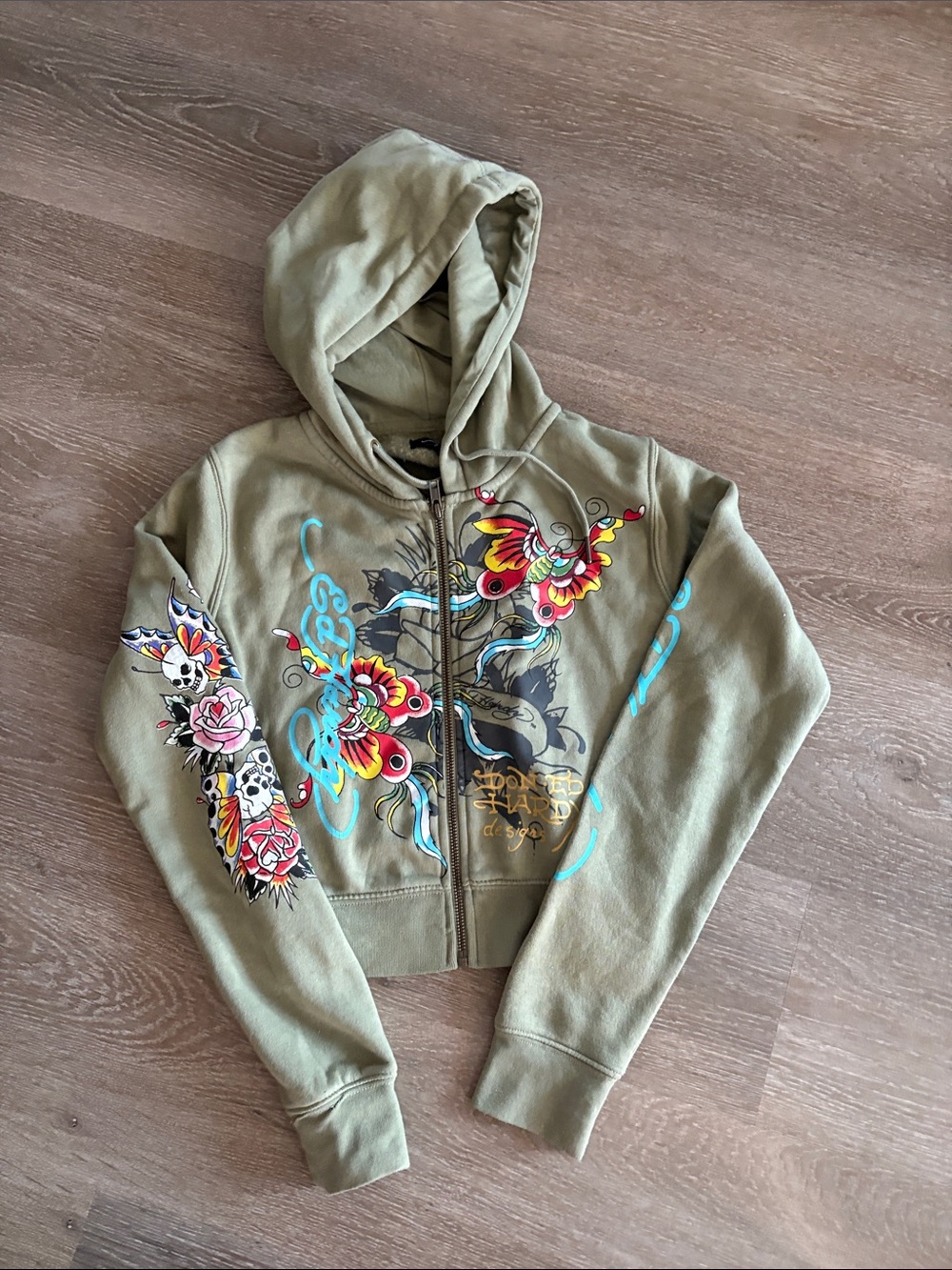 Ed Hardy Olive Green Zip Hoodie with Multicolor Tattoo Graphics Set